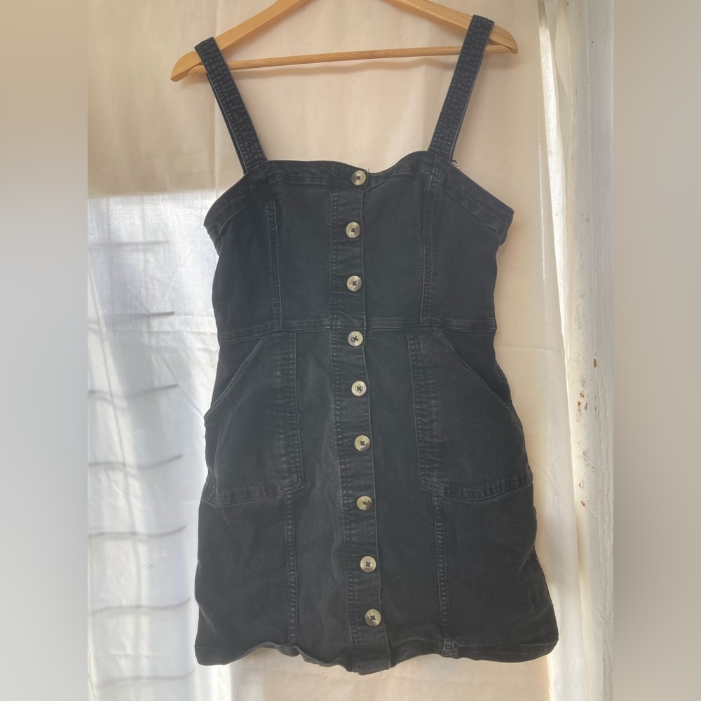 Black Denim Button-Front Overall Dress